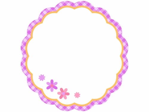 紫✕オレンジのチェックの小花フレーム飾り枠イラスト