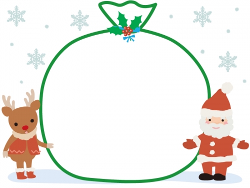 サンタとトナカイとプレゼント袋のクリスマスフレーム飾り枠イラスト