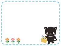 かわいいネコとお花の点線フレーム飾り枠イラスト