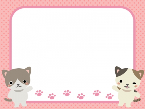 二匹のネコと水玉ピンクフレーム飾り枠イラスト