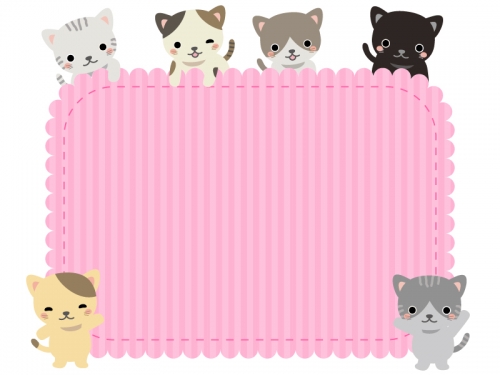 かわいいネコたちのピンクのモコモコフレーム飾り枠イラスト