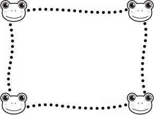 四隅のカエルの白黒点線フレーム飾り枠イラスト