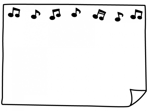音符とめくれた紙の白黒フレーム飾り枠イラスト