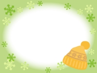 黄色いニット帽子と雪の結晶の黄緑フレーム飾り枠イラスト