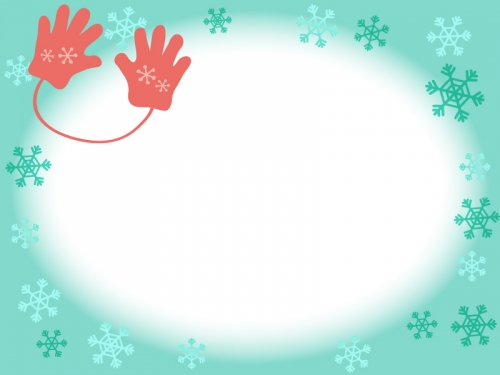 赤い手袋と雪の結晶の水色フレーム飾り枠イラスト