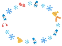 雪の結晶と冬の小物・雪だるまの楕円フレーム飾り枠イラスト