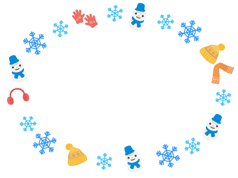 雪の結晶と冬の小物 雪だるまの楕円フレーム飾り枠イラスト 無料イラスト かわいいフリー素材集 フレームぽけっと