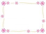 ピンクの雪の結晶と橙点線のフレーム飾り枠イラスト