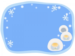 かまくらと雪の水色フレーム飾り枠イラスト