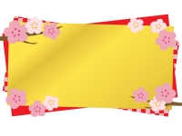 梅と金色と赤色の和風フレーム飾り枠イラスト
