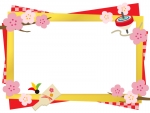 梅とコマと羽根つきのお正月金色フレーム飾り枠イラスト