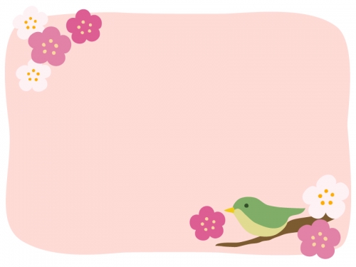 ウグイスと梅の花のピンク色のフレーム飾り枠イラスト