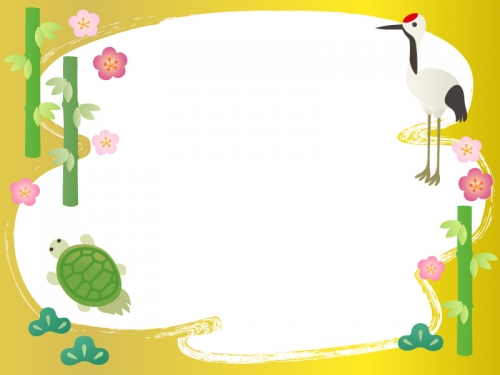 鶴と亀と松竹梅の金色お正月フレーム飾り枠イラスト