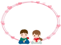 チョコを渡すカップルの楕円バレンタインフレーム飾り枠イラスト