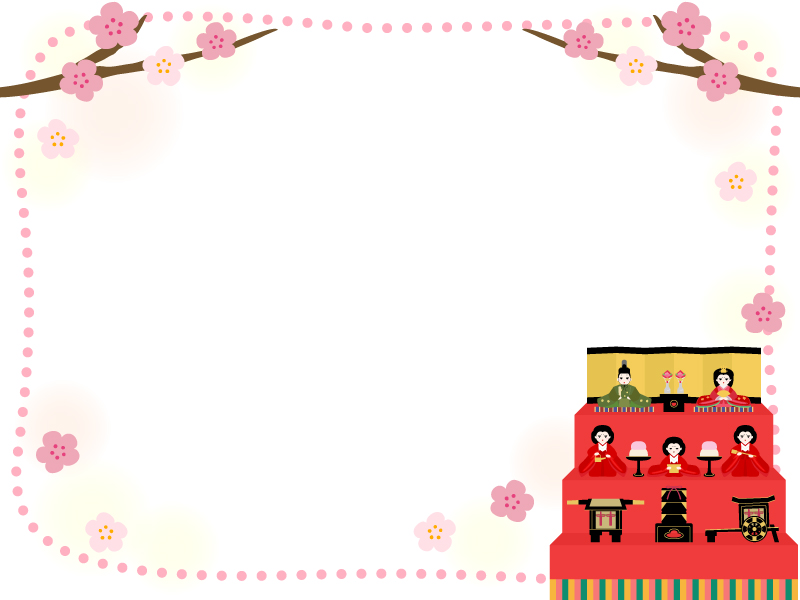 雛飾りと桃の花の点線ひな祭りフレーム飾り枠イラスト 無料イラスト かわいいフリー素材集 フレームぽけっと