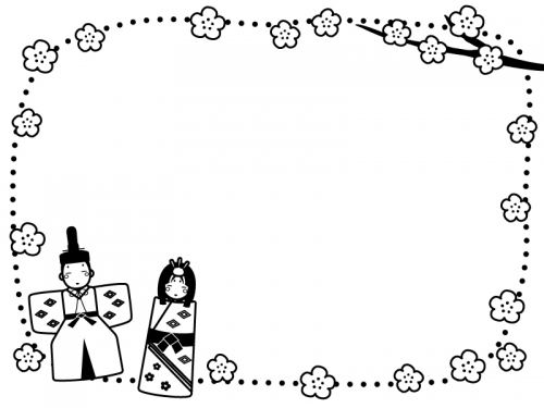 お雛さまとお内裏さまと桃花の白黒点線ひな祭りフレーム飾り枠イラスト