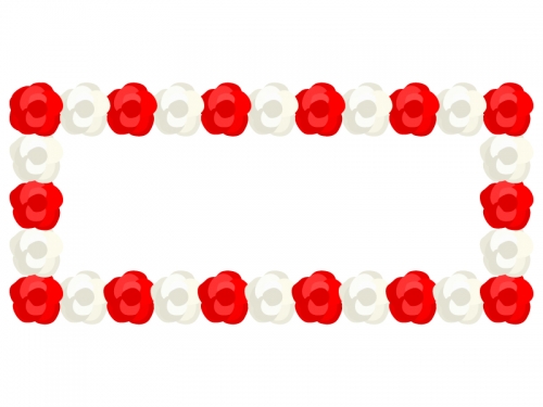 紅白の紙花で飾り付けた横長看板のフレーム飾り枠イラスト