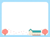 桜と学校・園舎の水色チェック模様フレーム飾り枠イラスト