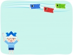 鯉のぼりと紙兜をかぶった子供の水色フレーム飾り枠イラスト