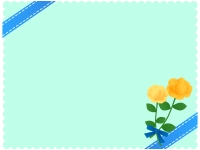 青いリボンと黄色いバラの花束の水色フレーム飾り枠イラスト