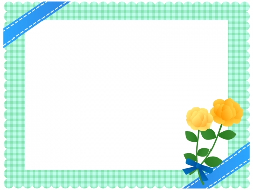 青いリボンと黄色いバラの花束のチェック柄フレーム飾り枠イラスト