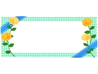 青いリボンと黄色いバラのチェック柄横長フレーム飾り枠イラスト