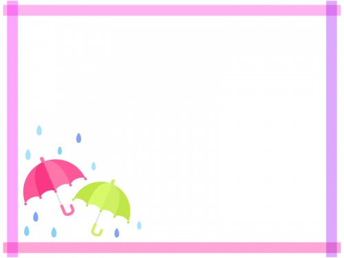 ピンク色と黄緑色の傘のマスキングテープ風フレーム飾り枠イラスト