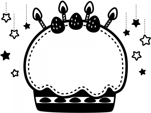 星とバースデーケーキの白黒フレーム飾り枠イラスト