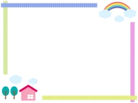 家と虹のマスキングテープ風フレーム飾り枠イラスト