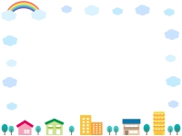 建物と雲と虹のフレーム飾り枠イラスト