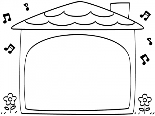 音符とお家の形の白黒フレーム飾り枠イラスト