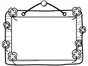 木の看板とクローバーの白黒フレーム飾り枠イラスト