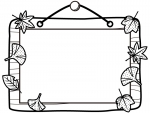 木の看板と落ち葉の白黒フレーム飾り枠イラスト