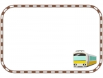 電車と茶色い線路の四角フレーム飾り枠イラスト