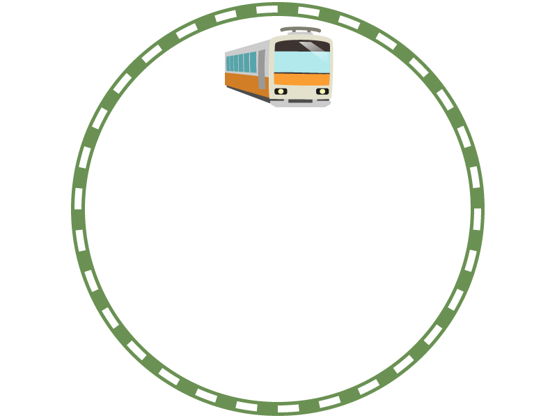 電車と緑色の線路の円形フレーム飾り枠イラスト 無料イラスト かわいいフリー素材集 フレームぽけっと
