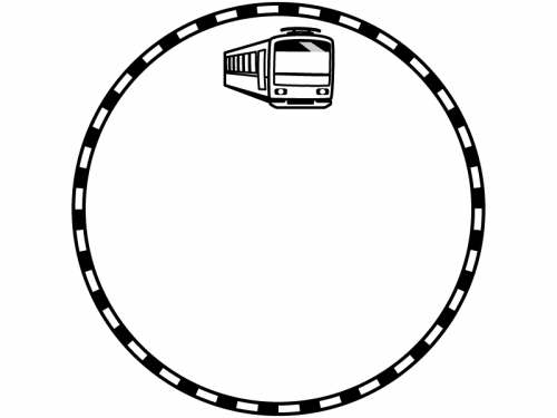 電車と線路の白黒円形フレーム飾り枠イラスト