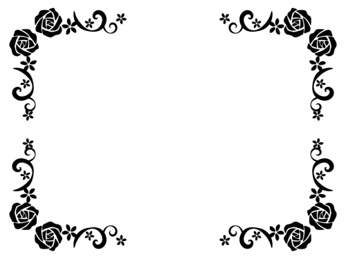 バラと小花の白黒フレーム飾り枠イラスト