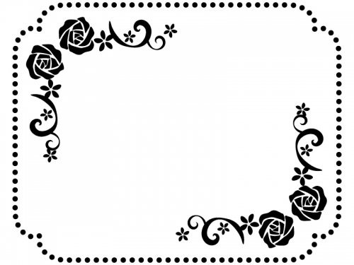 バラと小花の白黒点線フレーム飾り枠イラスト