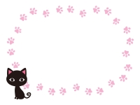 黒猫とピンクの肉球の囲みフレーム飾り枠イラスト
