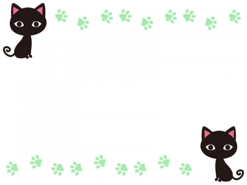 黒猫と緑色の肉球の上下フレーム飾り枠イラスト