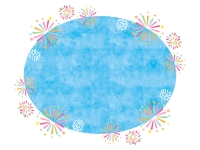 花火と水色楕円のフレーム飾り枠イラスト