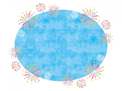 花火と水色楕円のフレーム飾り枠イラスト
