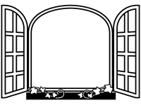 洋風の窓の白黒フレーム飾り枠イラスト