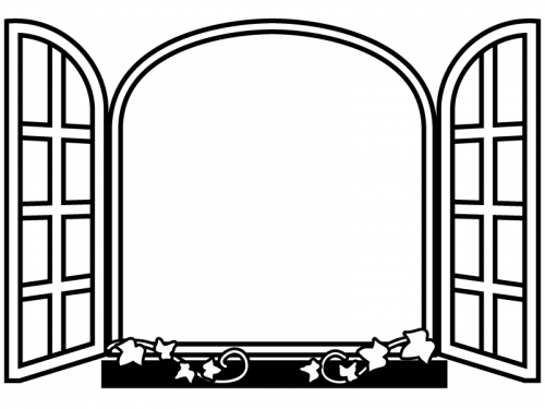 洋風の窓の白黒フレーム飾り枠イラスト