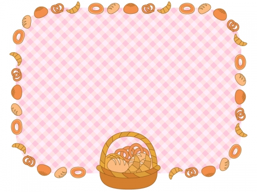 カゴ盛りのパンとピンク色チェックの囲みフレーム飾り枠イラスト