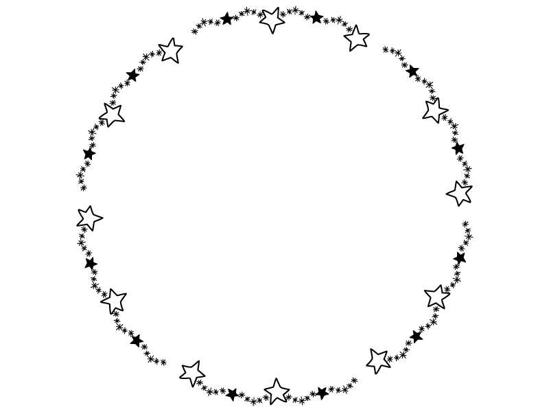 手書き風キラキラ星の円形白黒フレーム飾り枠イラスト 無料イラスト かわいいフリー素材集 フレームぽけっと