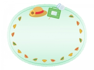 麦わら帽子と虫取りかごの紙風緑色フレーム飾り枠イラスト