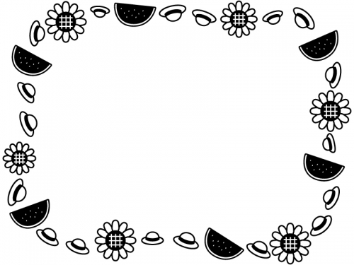 麦わら帽子とスイカとひまわりの囲み白黒フレーム飾り枠イラスト