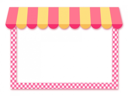 カフェ風のピンクと黄色の屋根のお店フレーム飾り枠イラスト