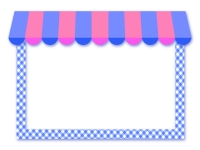 カフェ風の青とピンクの屋根のお店フレーム飾り枠イラスト
